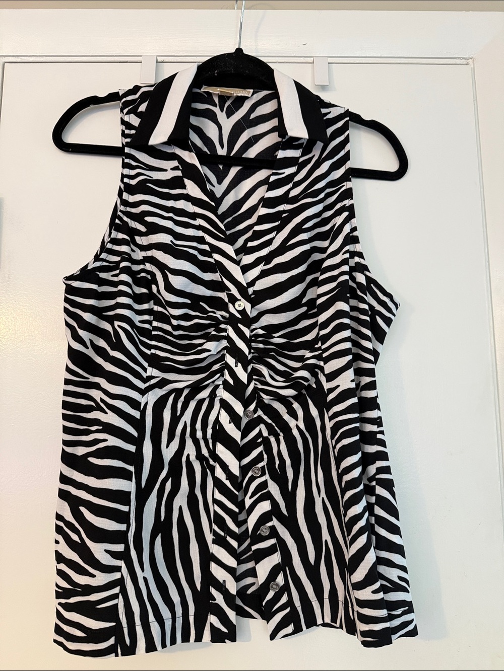 Michael Kors Sleeveless Zebra-Print Button Down Top - Black & White